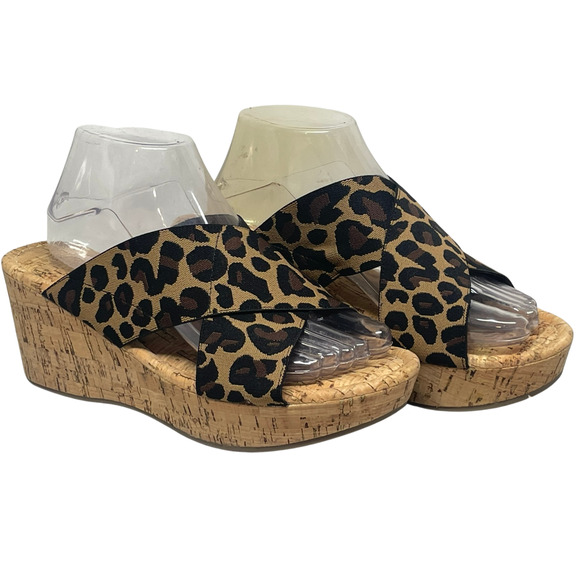 3/$20 Cato Sz 9 Platform Wedge Sandals Elastic Cross-Bands Leopard Print 3" Heel - Picture 1 of 8